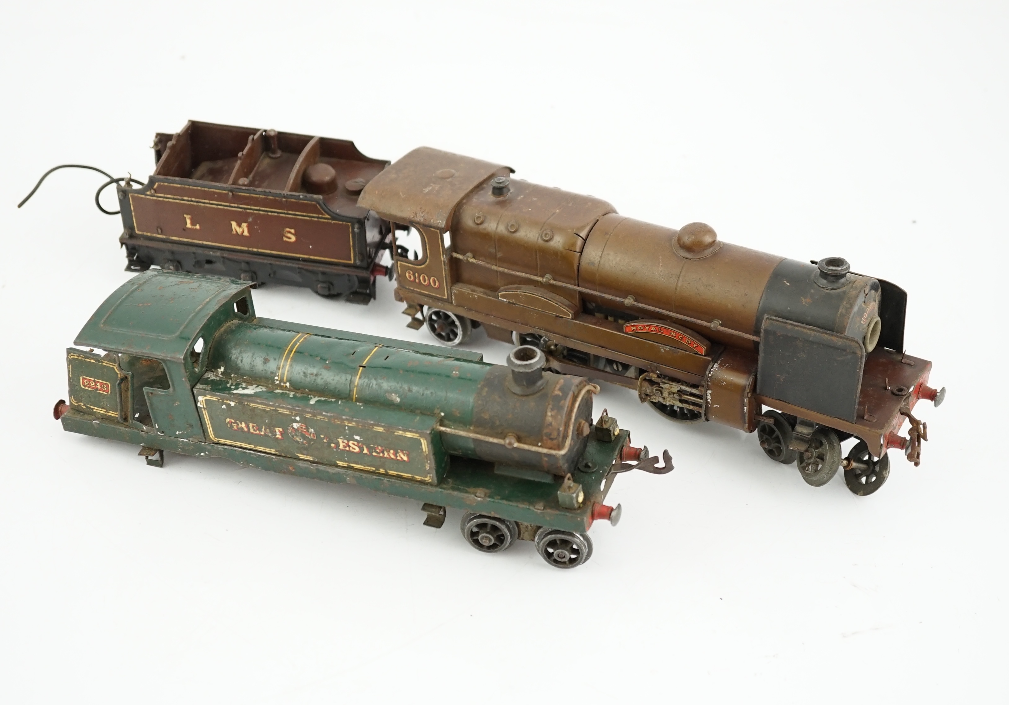 Two Hornby Series 0 gauge tinplate locomotives for 3-rail running; an LMS 4-4-2, Royal Scot 6100, and a Great Western 4-4-4T, 2243 (a.f.)